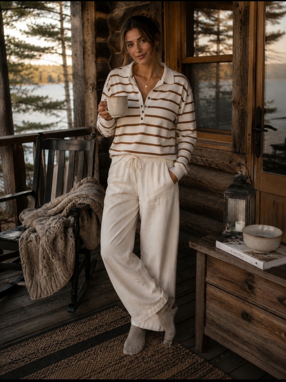 Remixmess Striped Knit Polo Sweater Women's Large Cream Brown Long Sleeve Preppy